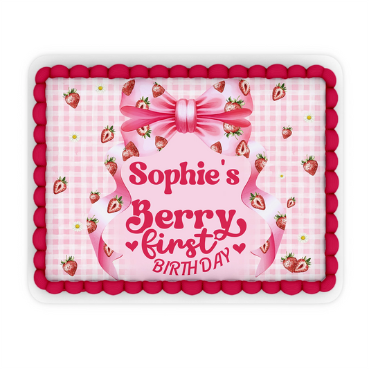 Berry strawberry personalized edible sheet cake images with strawberry graphics and custom text, rectangular icing sheet on white background