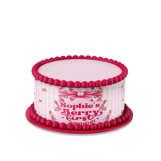 Berry strawberry personalized cake strips with fresh strawberry pattern and soft pink tones, wrap style design on white background