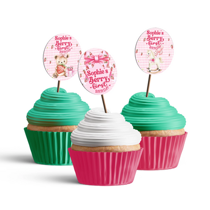 Berry strawberry personalized cupcake toppers with strawberry icons and pink tones, round toppers arranged on white background