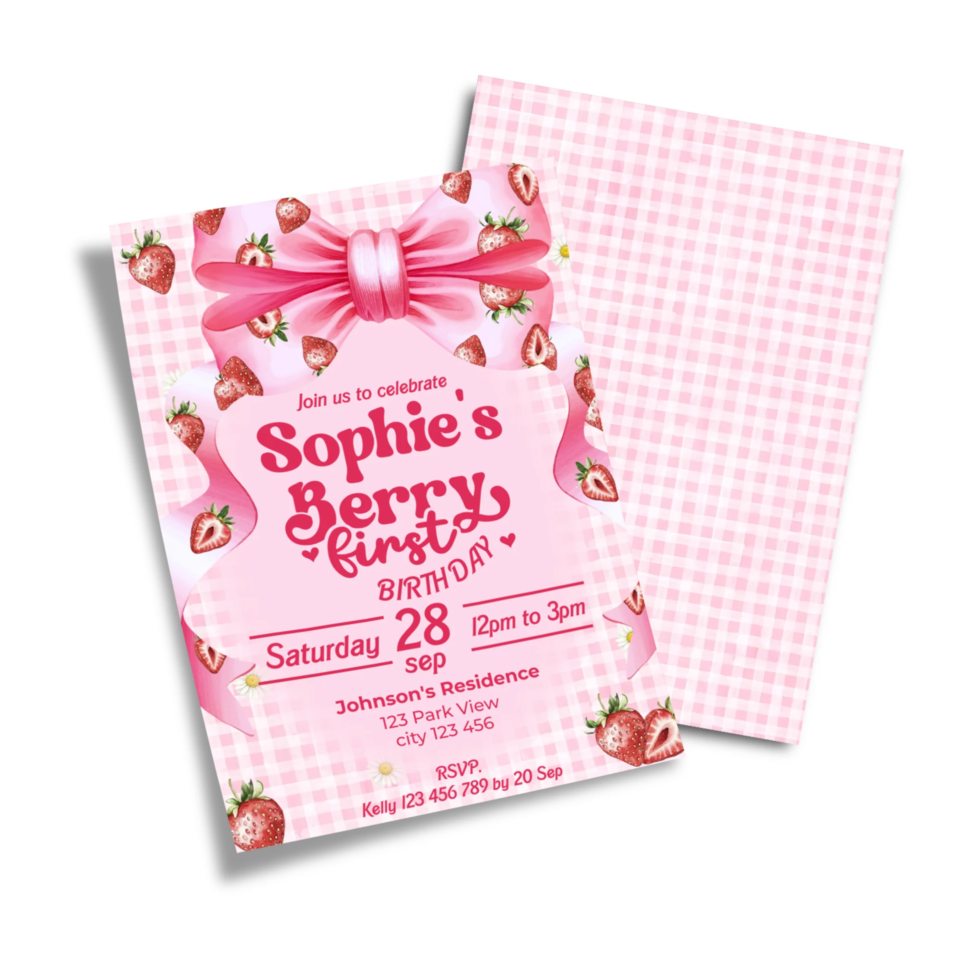 Berry strawberry personalized birthday card invitations with strawberry theme and soft colors, flat lay card on white background
