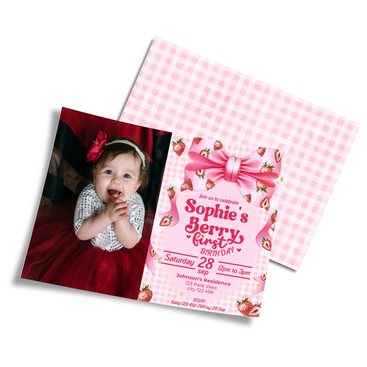 Berry strawberry personalized photo card invitations with strawberry graphics and photo space, displayed on white background