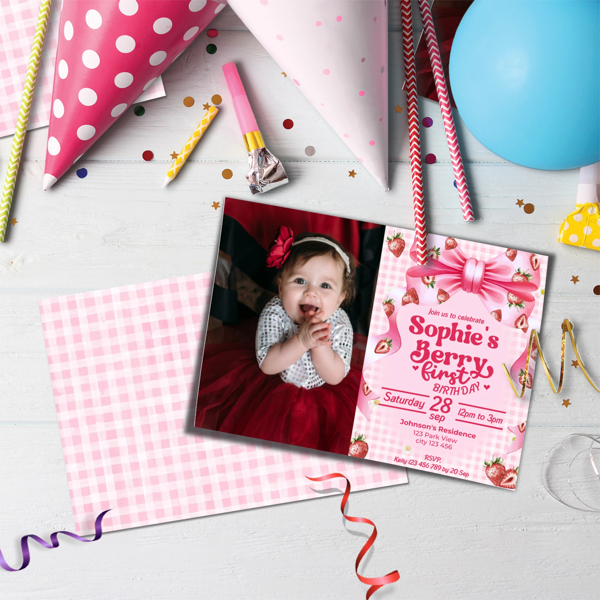 Strawberry Birthday Decorations, Girls Birthday Party Supplies, 1st Birthday Themed, Berry Digital Template, Editable Berry Strawberry Image SVG PNG