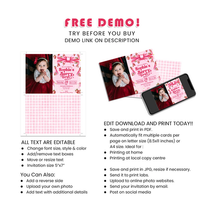 Berry Strawberry Personalized Photo Card Invitations Birthday Party