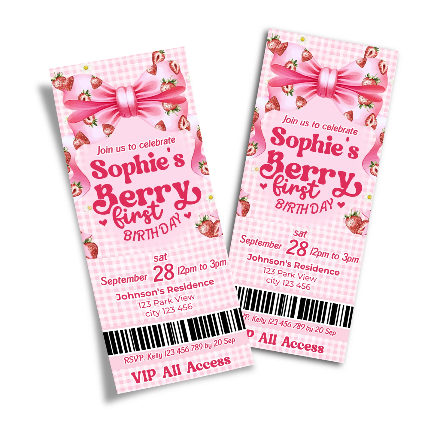 Berry strawberry personalized birthday ticket invitations with strawberry theme and pastel colors, ticket style on white background