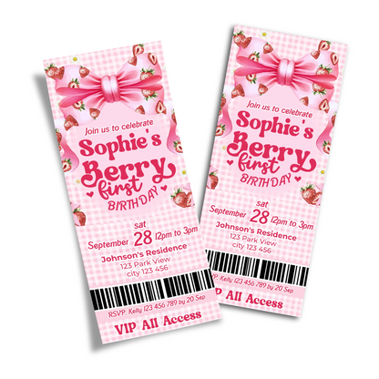 Berry strawberry personalized birthday ticket invitations with strawberry theme and pastel colors, ticket style on white background