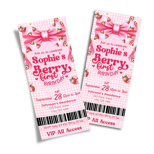 Berry strawberry personalized birthday ticket invitations with strawberry theme and pastel colors, ticket style on white background