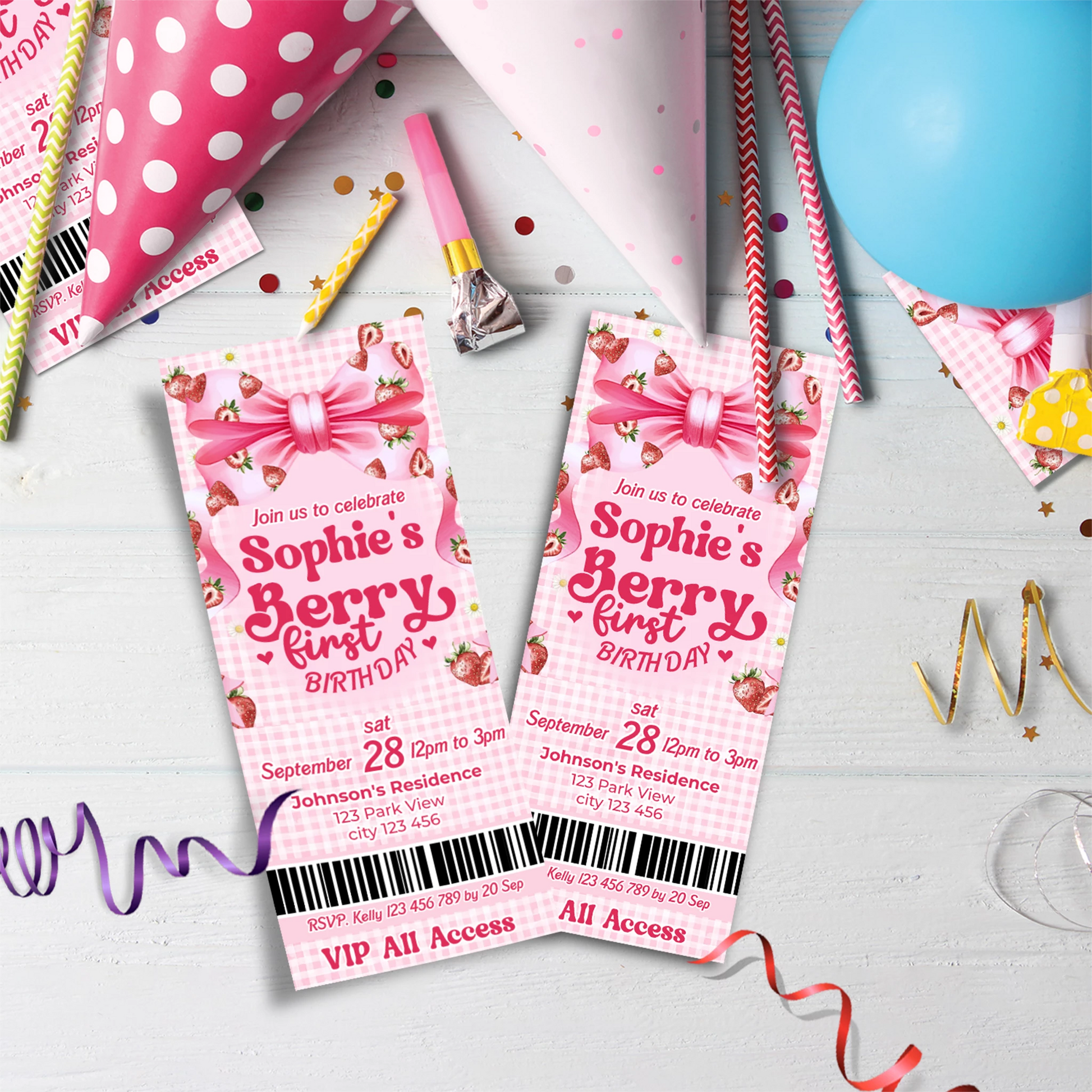 Strawberry Birthday Decorations, Girls Birthday Party Supplies, 1st Birthday Themed, Berry Digital Template, Editable Berry Strawberry Image SVG PNG