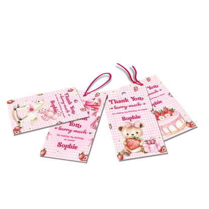 Berry strawberry thank you tags with strawberry illustrations and pink accents, favor tags arranged on white background