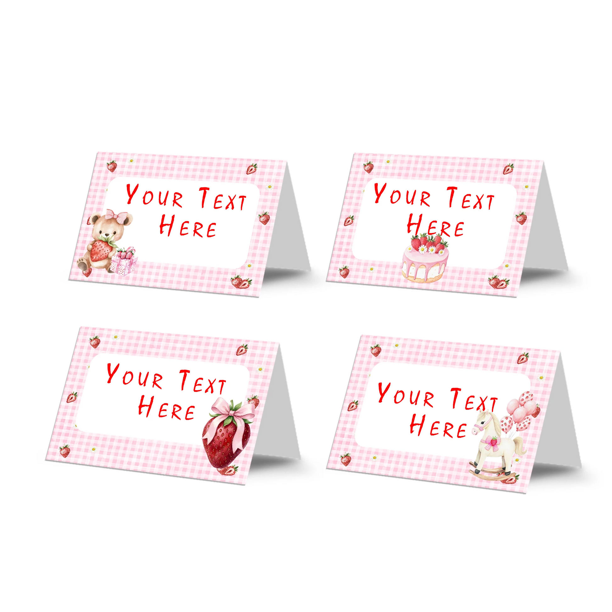 Berry strawberry food cards with strawberry theme and soft colors, tent style table cards on white background