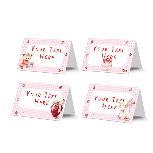 Berry strawberry food cards with strawberry theme and soft colors, tent style table cards on white background