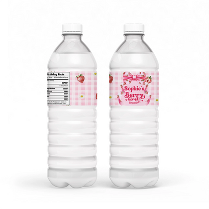Berry strawberry water bottle label with strawberry pattern and pastel tones, wrap label displayed on white background