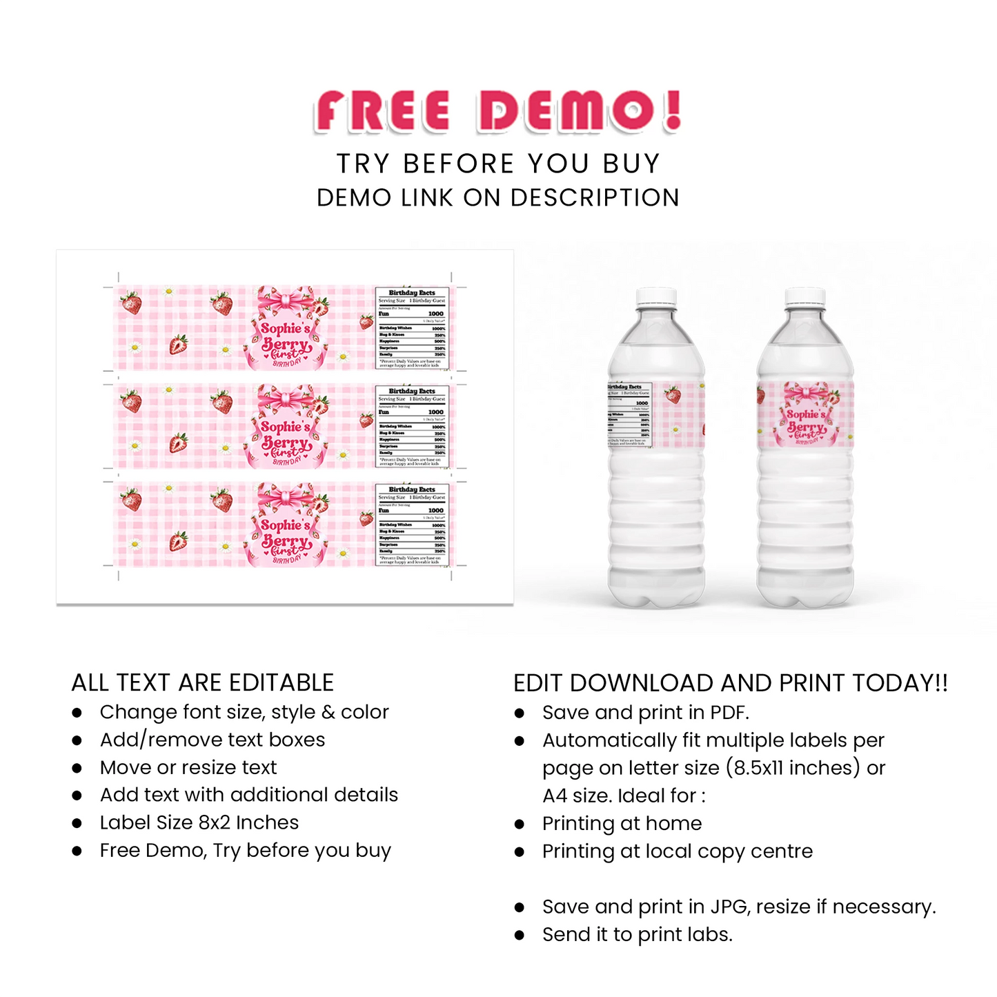 Berry Strawberry Water Bottle Label Birthday Drink Wraps