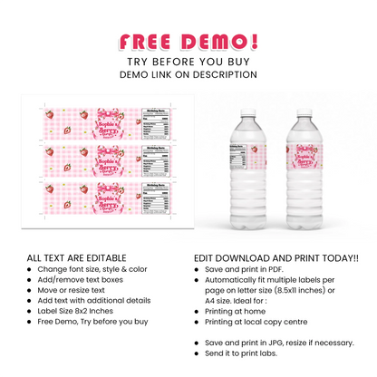 Berry Strawberry Water Bottle Label Birthday Drink Wraps