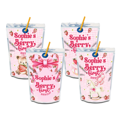 Berry strawberry juice pouch label with strawberry graphics and pink accents, rectangular label on white background