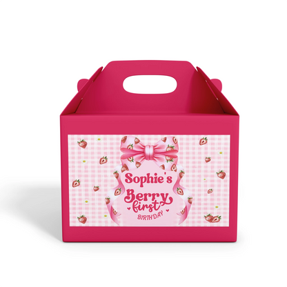 Berry strawberry treat box label with strawberry pattern and pastel tones, printable label on white background