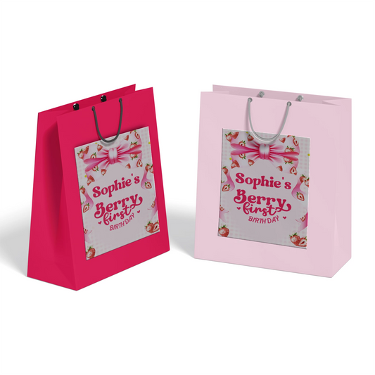Berry strawberry goodie bag label with strawberry graphics and soft colors, favor bag label on white background