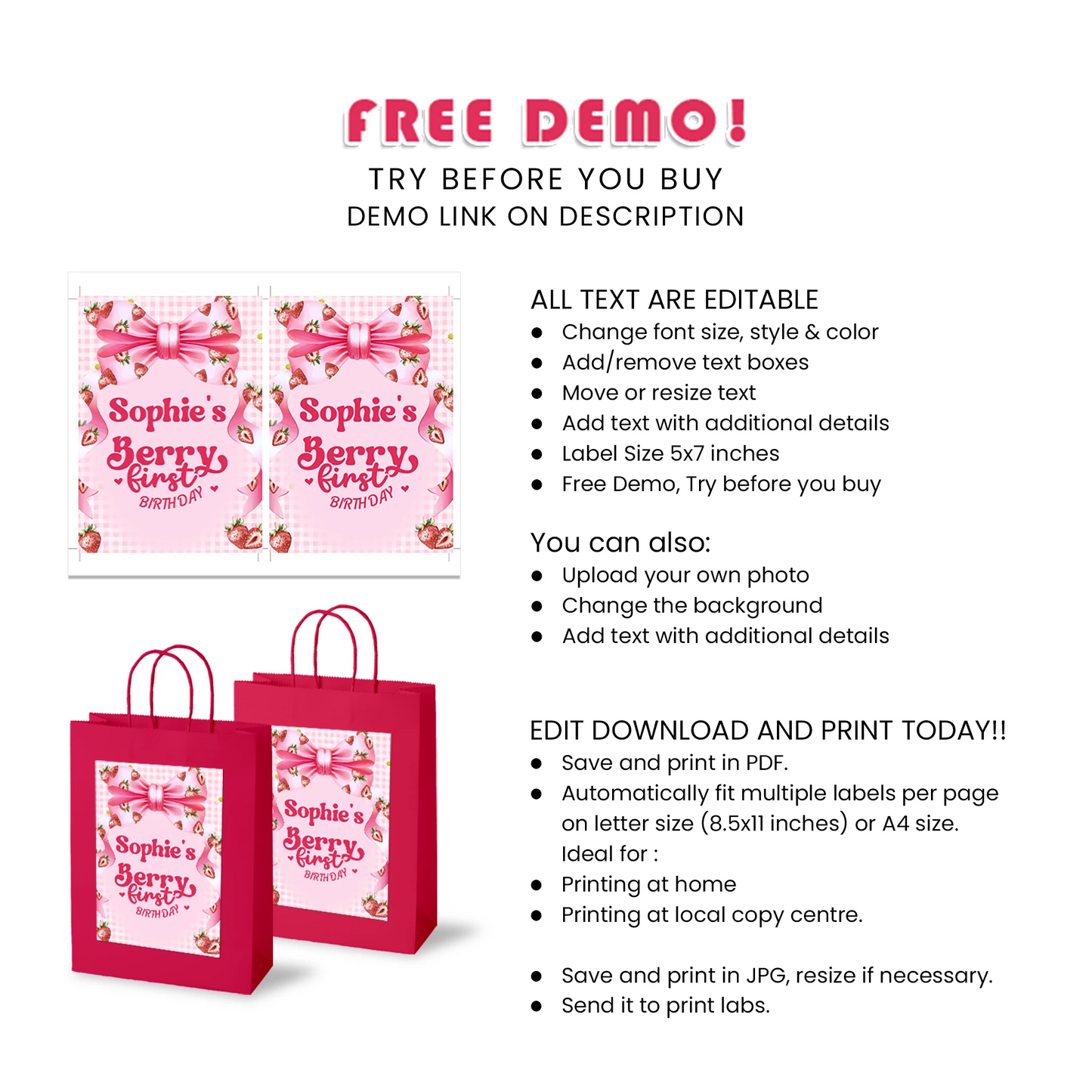Berry Strawberry Goodie Bag Label Birthday Party Favor Bags