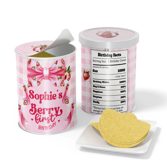 Berry strawberry small Pringles label with strawberry pattern and pink tones, snack can wrap on white background