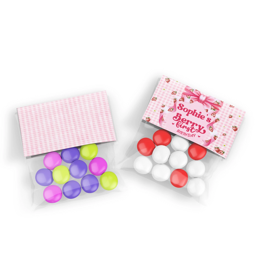 Berry strawberry treat bag topper label with strawberry illustrations and soft tones, folded topper on white background