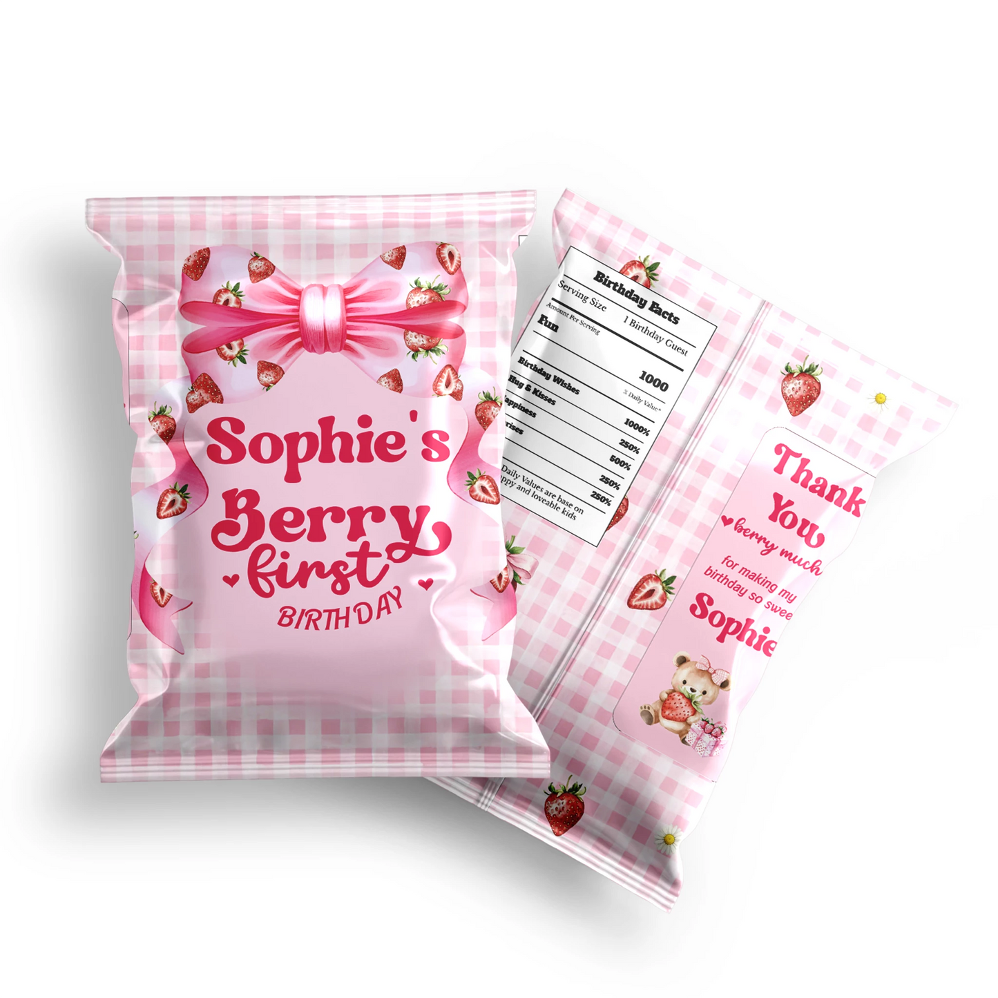 Berry strawberry chips bag label with strawberry pattern and pastel colors, snack bag label on white background