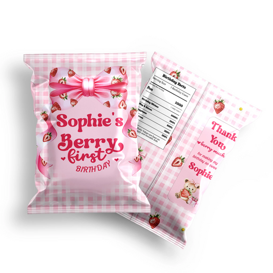 Berry strawberry chips bag label with strawberry pattern and pastel colors, snack bag label on white background