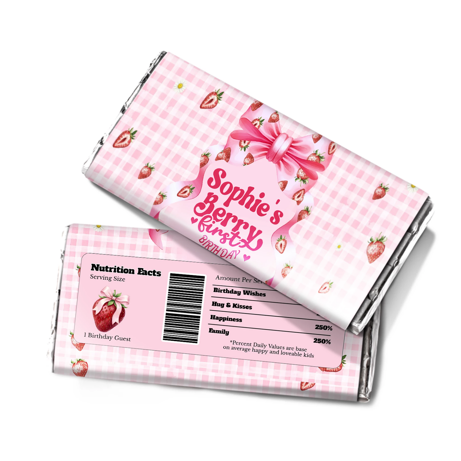 Berry strawberry chocolate label with strawberry graphics and pink tones, candy bar wrapper on white background