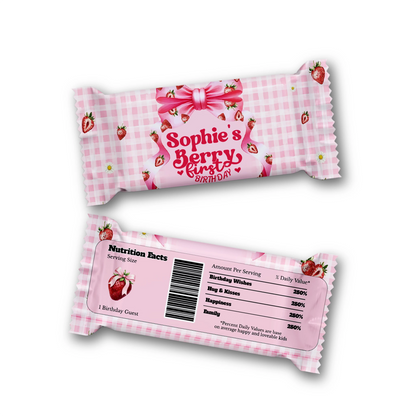 Berry strawberry Rice Krispies treats and candy bar labels with strawberry theme, flat lay on white background