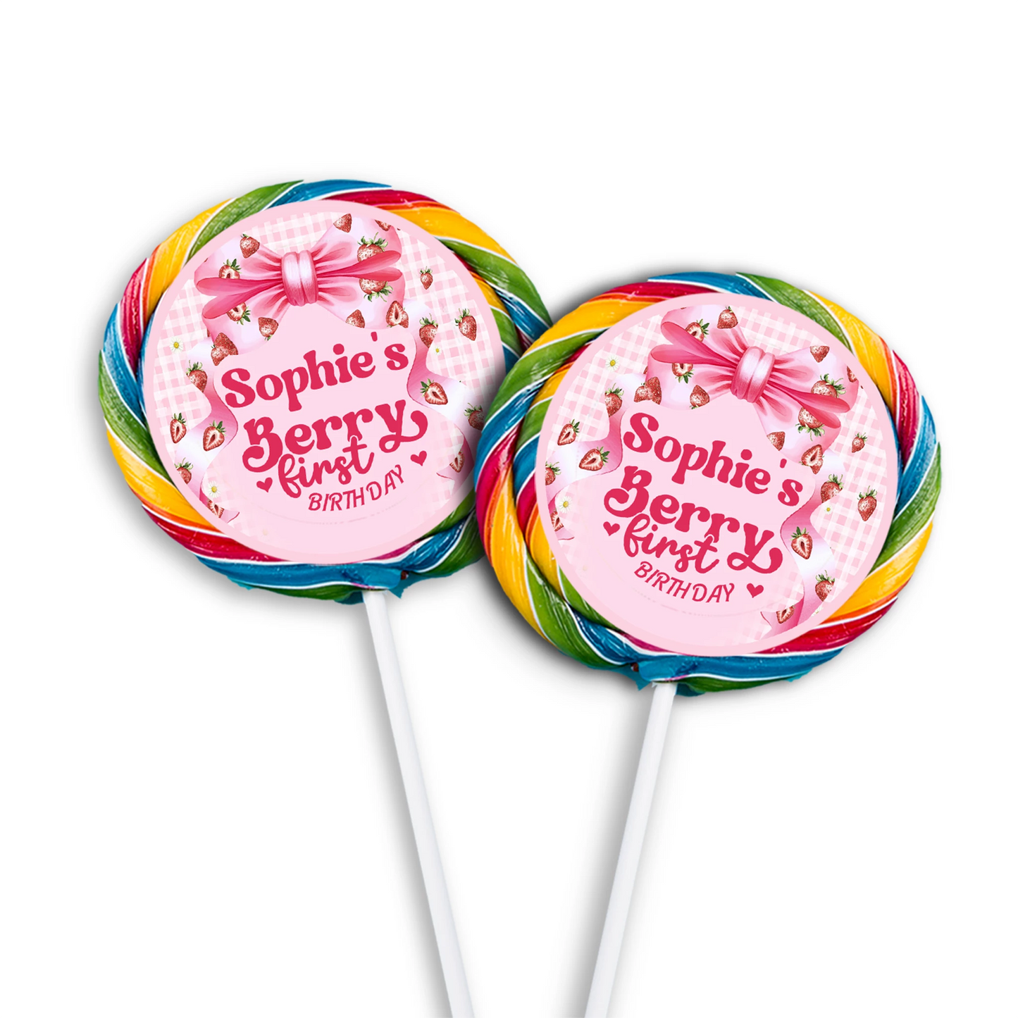 Berry strawberry lollipop label with strawberry graphics and pastel tones, round candy label on white background