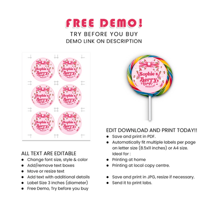 Berry Strawberry Lollipop Label Sweet Candy Stickers
