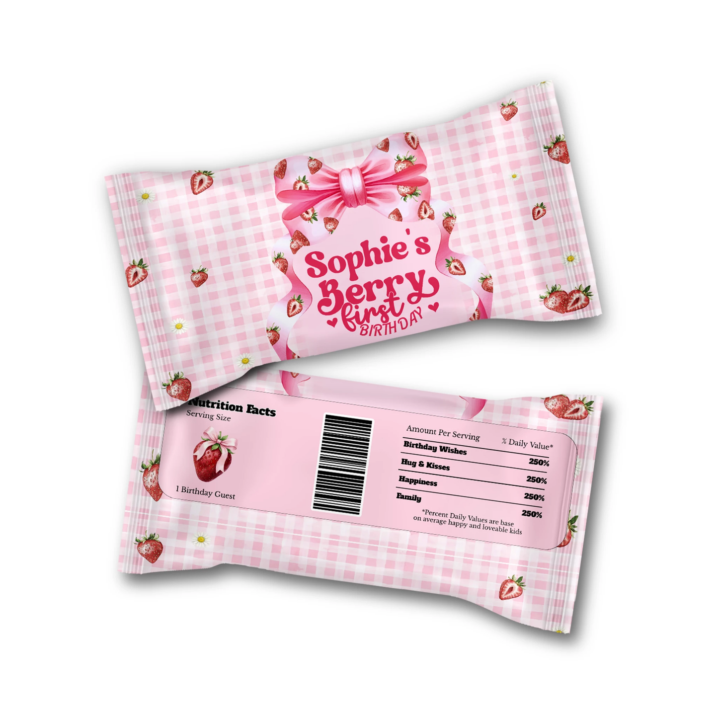 Berry strawberry Skittles label with strawberry pattern and soft colors, candy wrap label on white background