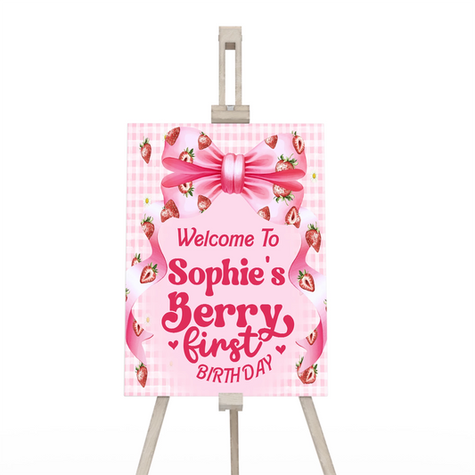 Berry strawberry welcome sign with strawberry illustrations and soft pink colors, vertical sign on white background