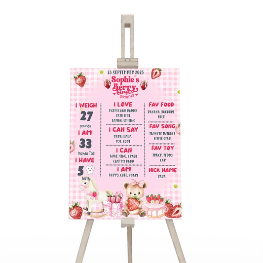 Berry strawberry milestone poster with strawberry theme and birthday stats layout, poster on white background