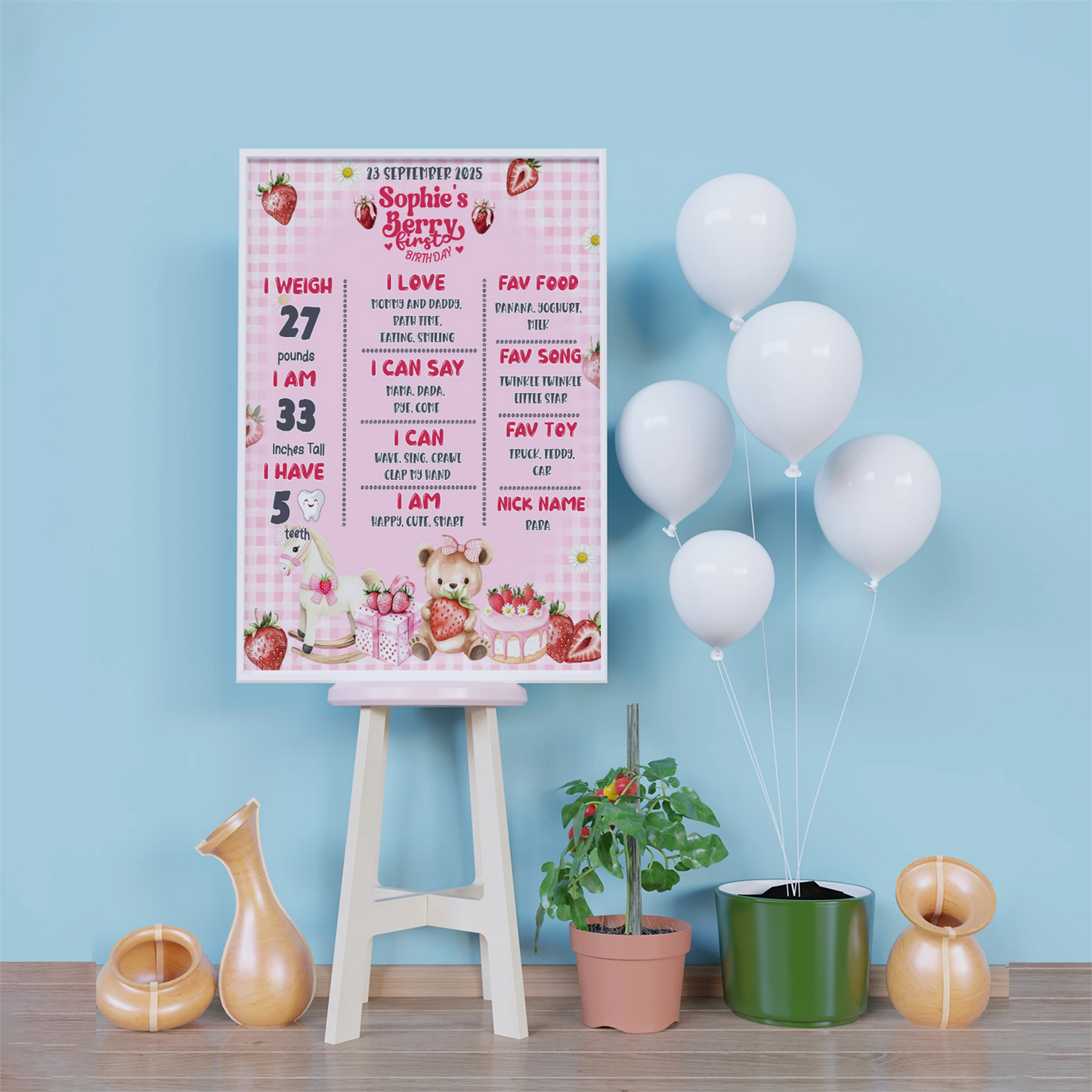 Strawberry Birthday Decorations, Girls Birthday Party Supplies, 1st Birthday Themed, Berry Digital Template, Editable Berry Strawberry Image SVG PNG