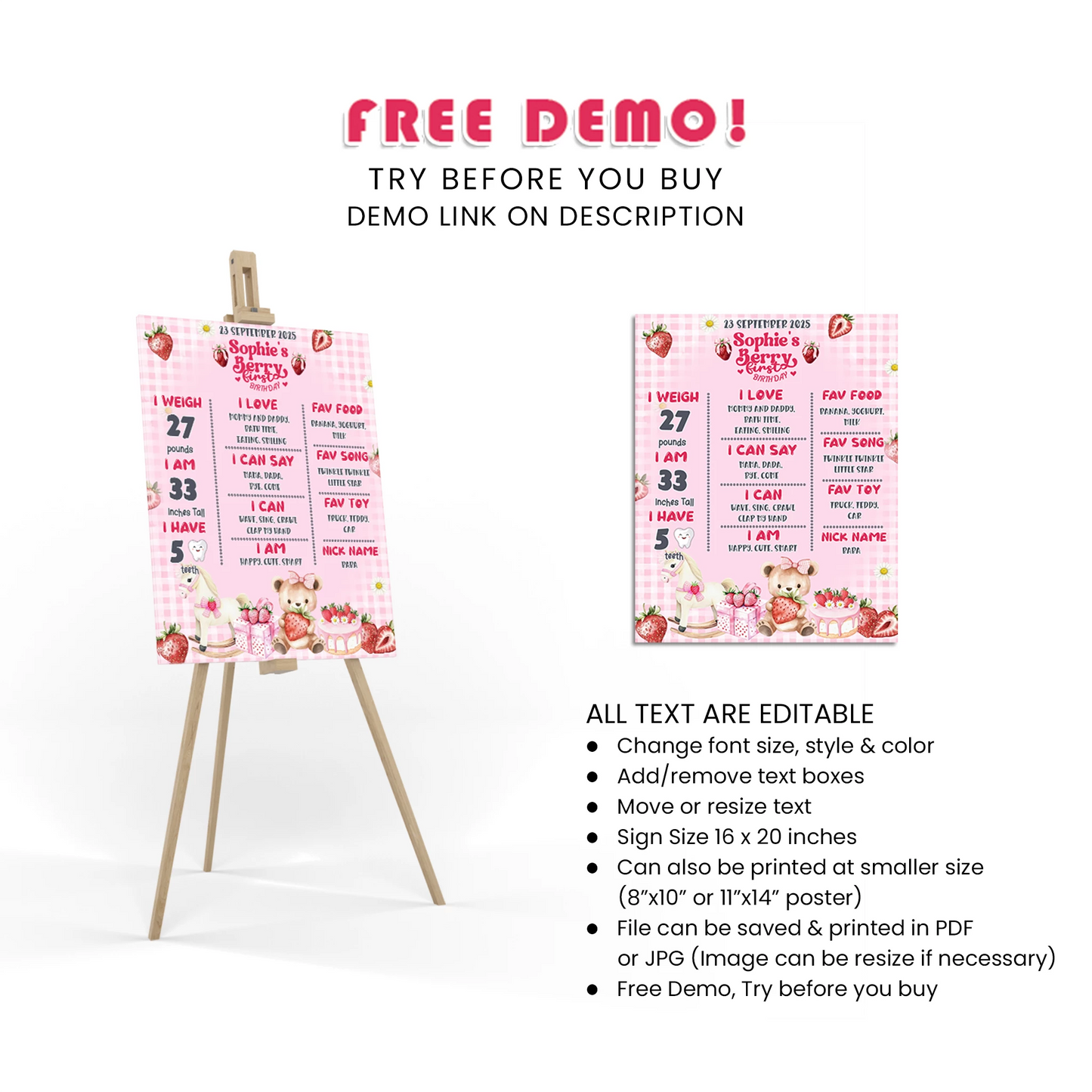 Berry Strawberry Milestone Poster Birthday Stats Decor