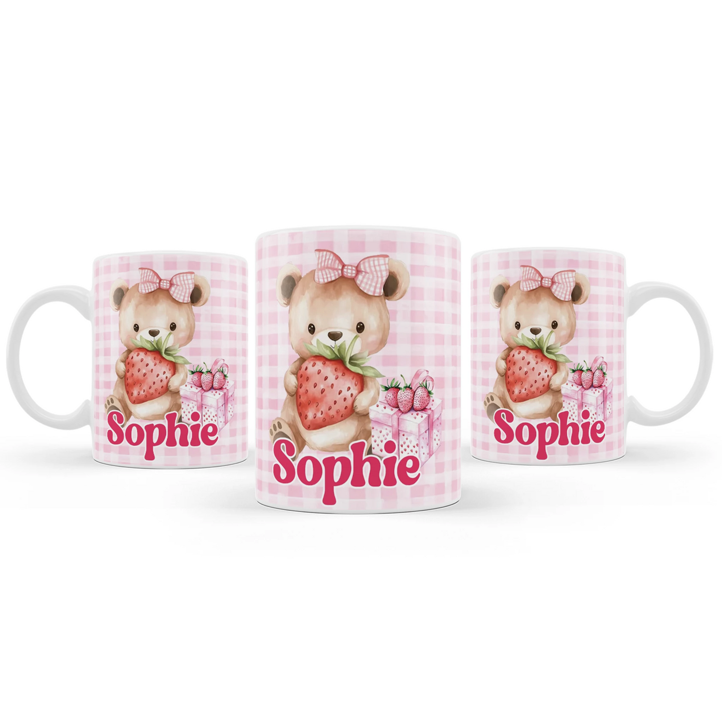 Berry strawberry sublimation mug with strawberry pattern and pastel colors, ceramic mug on white background