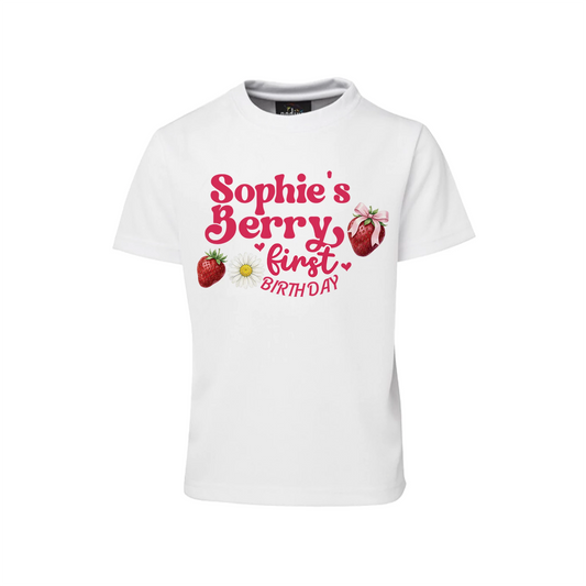 Berry strawberry sublimation t-shirt with strawberry graphic and pastel colors, shirt flat lay on white background