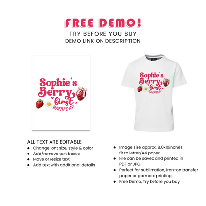 Berry Strawberry Sublimation T-Shirt Berry Theme Birthday Shirt