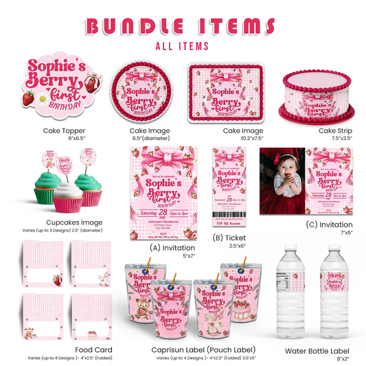 Berry strawberry personalized digital template party pack with red strawberries and pastel accents, flat lay on white background
