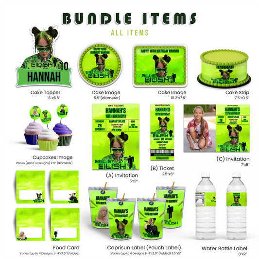 Billie Eilish party pack featuring personalized digital templates in green and black theme on white background