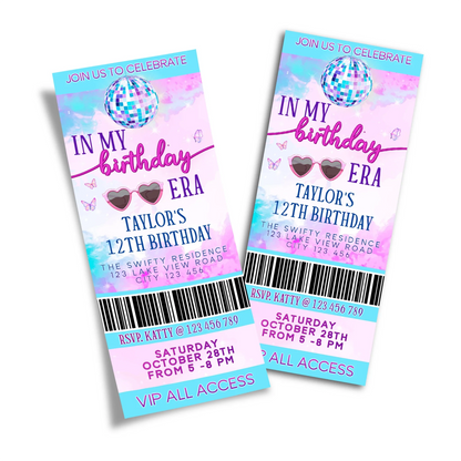 Eras Tour Taylor Swift Personalized Birthday Ticket Invitation for themed parties