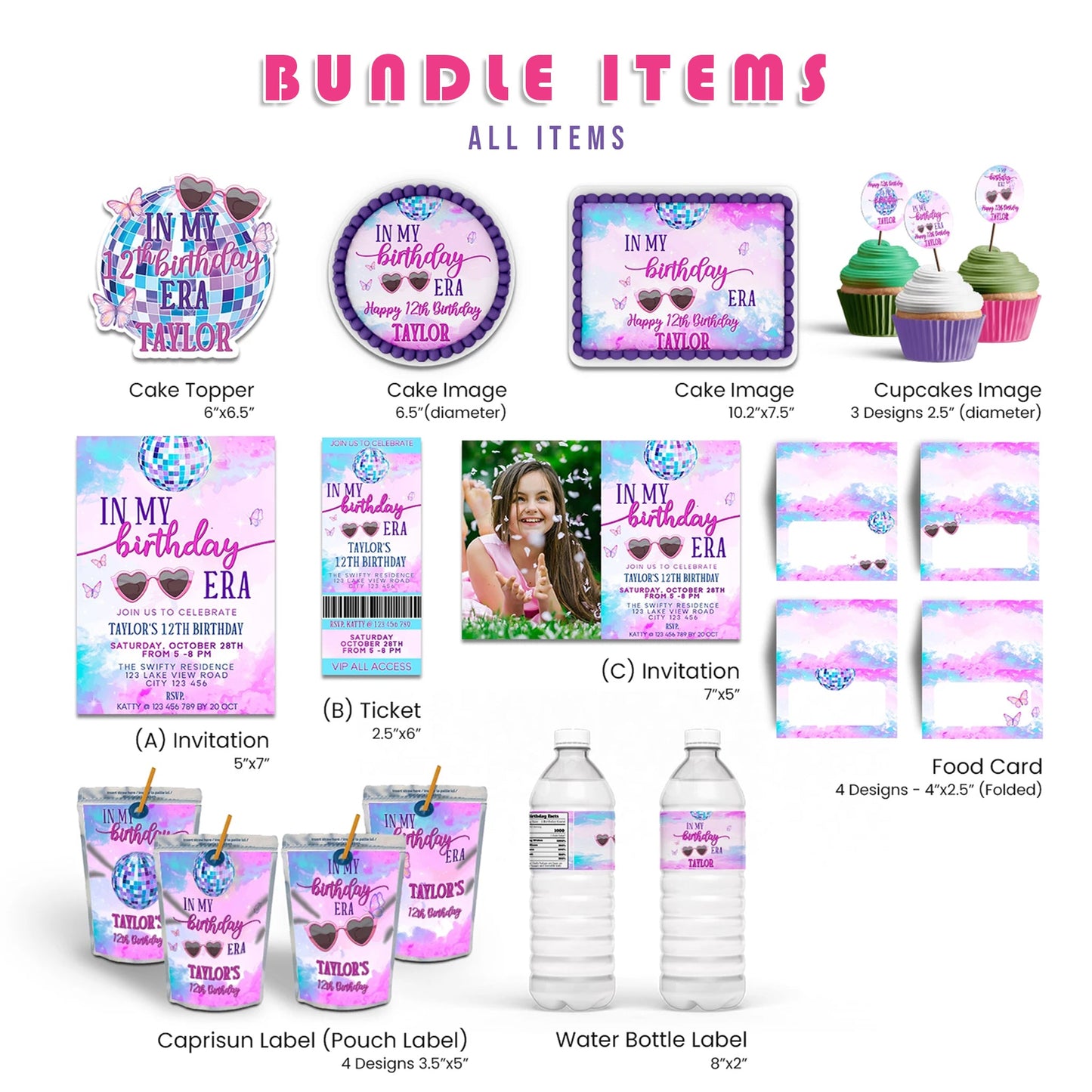 Birthday Era Personalized Digital Template Party Pack with editable decorations and custom designs