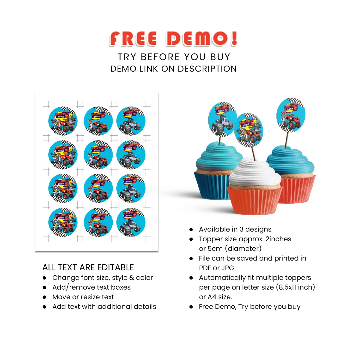 Blaze The Monster Machines Personalized Cupcake Toppers for Birthday Party