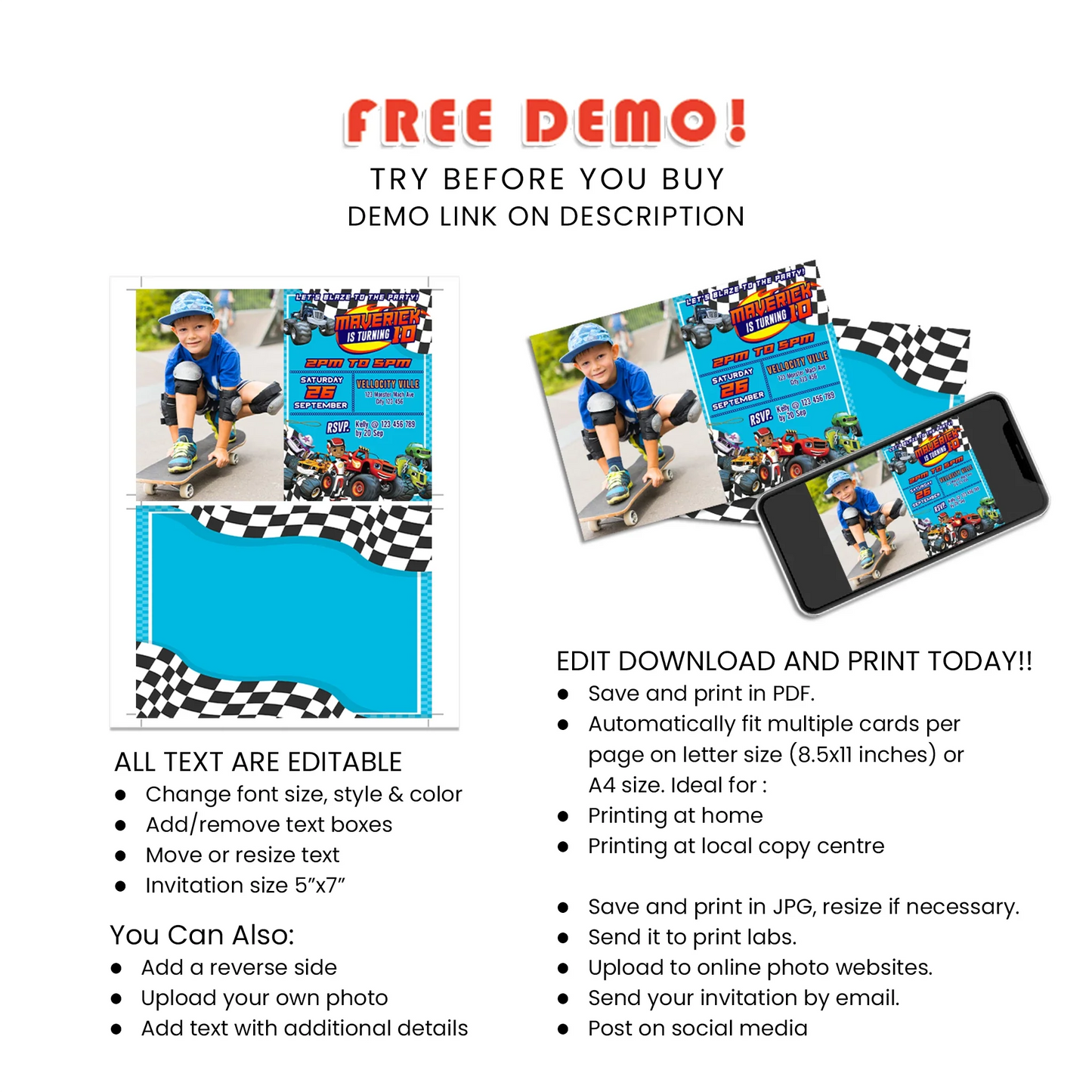 Blaze The Monster Machines Personalized Photo Card Invitation for Custom Party