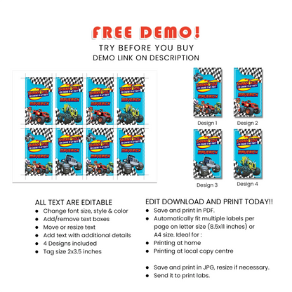 Blaze The Monster Machines Favor Tag for Birthday or Party Favor Decoration