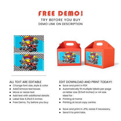 Blaze The Monster Machines Treat Box Label for Birthday Party Favors