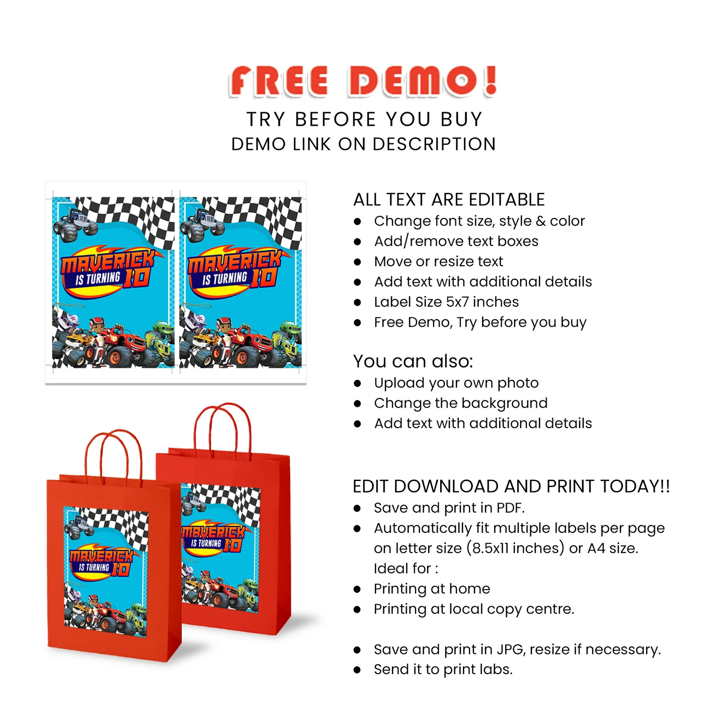 Blaze The Monster Machines Goodie Bag Label for Party Favor Decoration