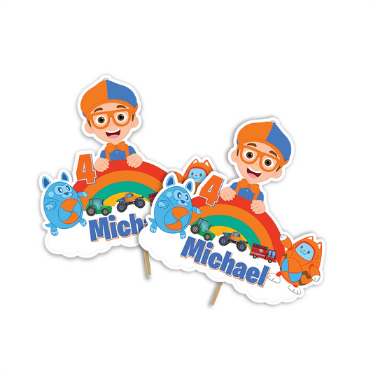 Blippi personalized cake toppers featuring bright blue and orange characters, cardstock toppers displayed on white background