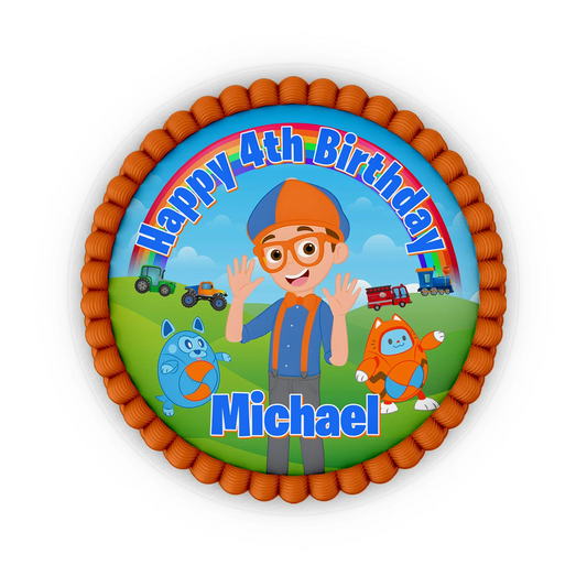 Blippi personalized edible icing cake images with vibrant blue and orange graphics, edible frosting sheets shown flat lay on white background