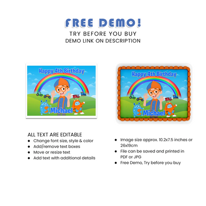 Blippi personalized icing sheet cake topper images for kids parties