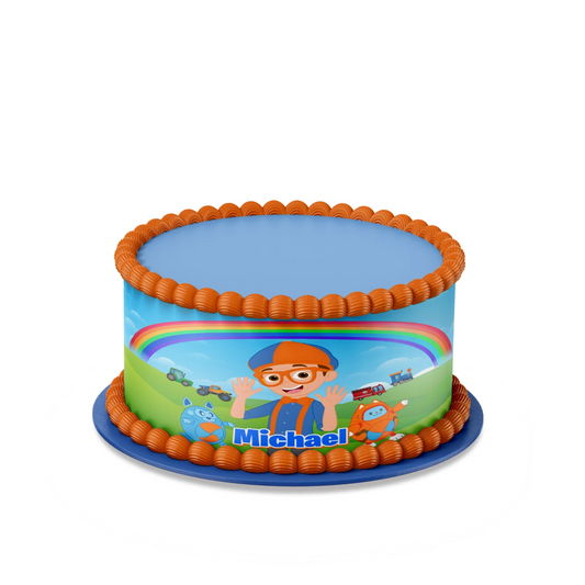 Blippi personalized cake strips image with colorful blue and orange design sized for round cakes, printable strip layout on white background